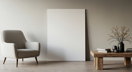 Modern Interior with Armchair, Blank Canvas, and Decorative Table Setting