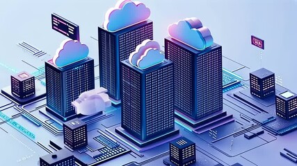 Futuristic cityscape with cloud technology over skyscrapers, showcasing digital connections and data flow - Powered by Adobe
