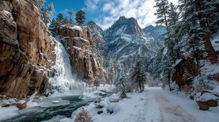 Frozen waterfall cascading through snow-covered canyon