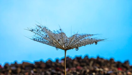 Dewdrop-covered dandelion seed head against a vibrant sky