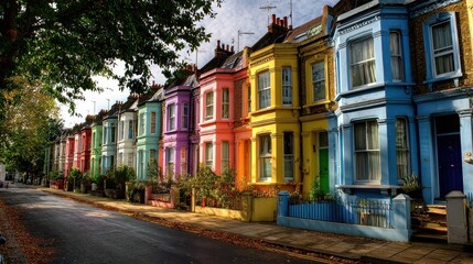 Fototapeta premium Colorful Row of Victorian Houses with Bright Facades and Decorative Architectural Details