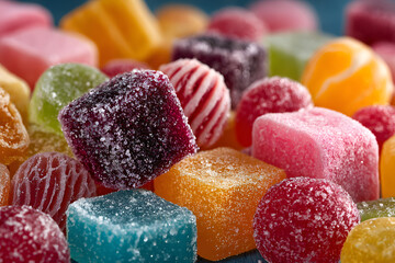 candies with jelly and sugar. colorful array of different childs sweets and treats.