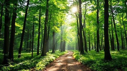 Sunlit Forest Path: Lush Green Trees and Winding Road