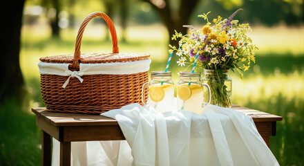 Picnic Bliss: A Delightful Outdoor Spread Featuring Croissants and Sparkling Drinks on a Checkered Blanket Surrounded by Flowers