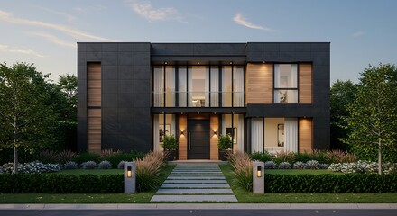 Modern Luxury Home Exterior with Black Facade and Landscaped Entrance