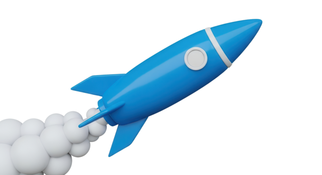 Blue toy rocket launching with smoke isolated PNG with Transparent Background