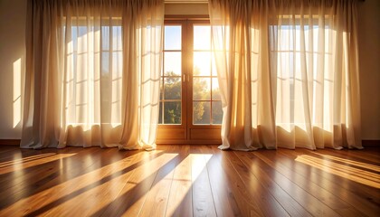 Morning sunlight streams through curtains into an empty room with hardwood floors, symbolizing a new beginning and hope