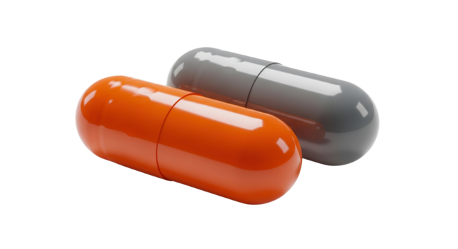 Two capsule pills, orange and grey isolated PNG with Transparent Background