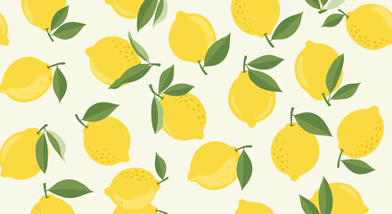 A bright and zesty collection of fresh yellow lemons with green leaves scattered across a light background