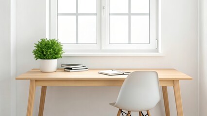 Minimalist home office setup with a wooden desk and white chair in front of a bright window