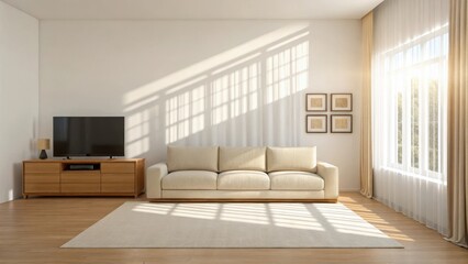 Fototapeta premium Sunlight streams through sheer curtains casting dramatic shadows across a modern living room with a sofa and television