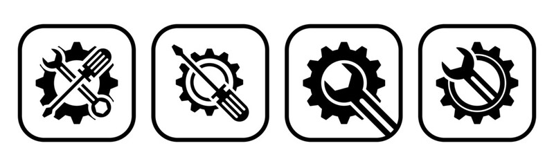 Set of repair service tools, gears, wrench and screwdriver icon vector illustration on white background. For mechanics and repairs.