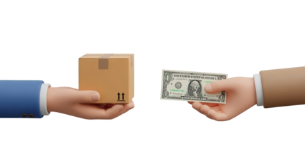 Hands exchanging cardboard box for money isolated PNG with Transparent Background