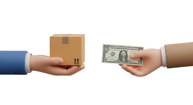 Hands exchanging cardboard box for money isolated PNG with Transparent Background - Powered by Adobe