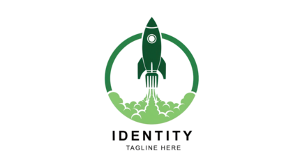 Green rocket logo with the message "IDENTITY TAGLINE HERE" isolated PNG with Transparent Background