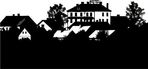 Fototapeta premium Black and White Silhouette of Houses and Trees