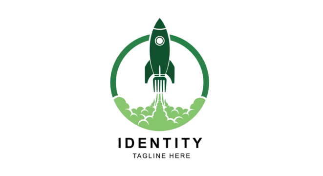 Green rocket logo with the message "IDENTITY TAGLINE HERE" isolated PNG with Transparent Background