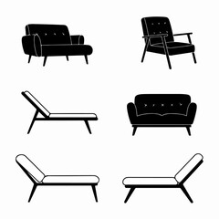 Modern Furniture Silhouettes Collection: Armchairs, Sofa, and Lounge Chairs Icon Set