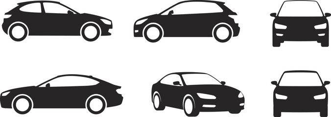 Black car silhouette vector set, hatchback and sedan, side view, front view, rear view, automotive icons, isolated vehicle design, transport template
