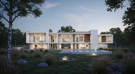 Fototapeta premium Modernist Home with Pool and Landscape Lighting at Dusk, Surrounded by Lush Greenery