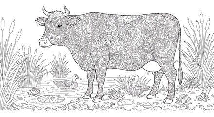 Ornate Cow by Pond: Intricate Zentangle Design with Ducks