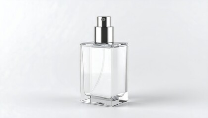 A sleek and elegant clear glass perfume bottle with a silver atomizer, presented as a cosmetic product mockup on a pristine white background
