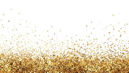 Gold glitter confetti on a white background, densely concentrated at the bottom