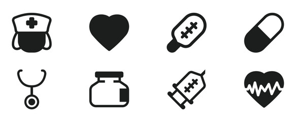 Medicine and Healthcare Icons - Big Series. Medical essentials icon set. Heartbeat monitor, stethoscope, pill, and first aid cross for health management visuals
vector illlustration.