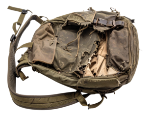 Vintage canvas backpack with a distressed, unique pattern and worn look, suitable for bohemian or retro themes.