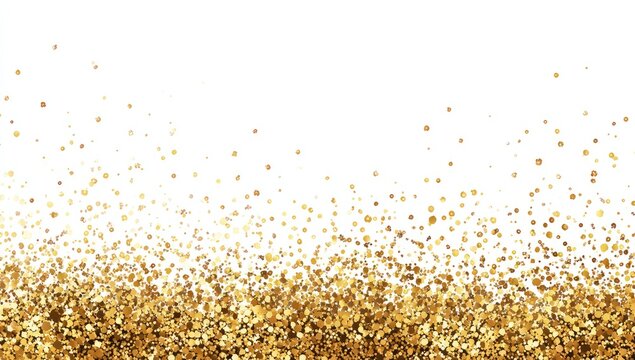 Gold glitter confetti on a white background, densely concentrated at the bottom