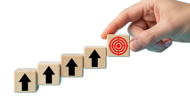 Hand placing wooden cube with target icon on staircase of cubes with arrow isolated PNG with Transparent Background