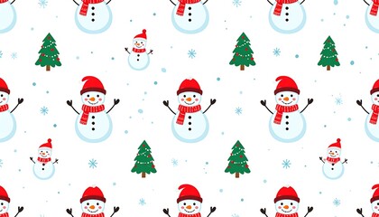 Festive winter pattern with snowmen and trees