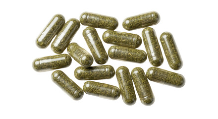 Pile of green herbal supplement capsules isolated PNG with Transparent Background
