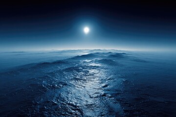 Vast ocean, alien landscape, sunlit horizon