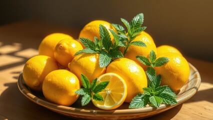 Fresh lemons with mint on rustic table
