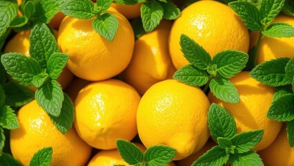 Closeup of lemons with fresh mint leaves
