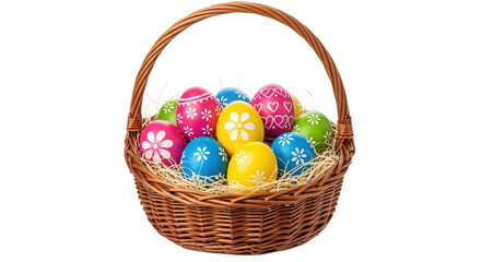 Naklejka premium Colorful Easter eggs in wicker basket isolated PNG with Transparent Background