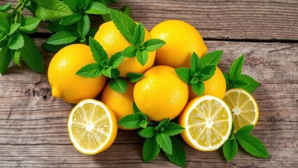 Organic lemons with mint on rustic fabric
