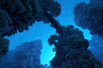 Massive trees reach to a starry night sky