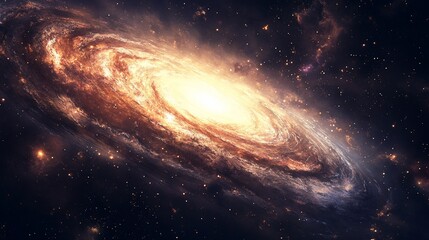 Obraz premium Spiral galaxy in deep space. Vast swirling arms of cosmic dust and light radiate from a brilliant galactic center. Star-studded darkness surrounds the luminous spiral structure