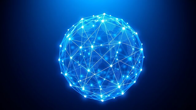 Abstract blue and white glowing sphere with futuristic network connections, symbolizing advanced technology.