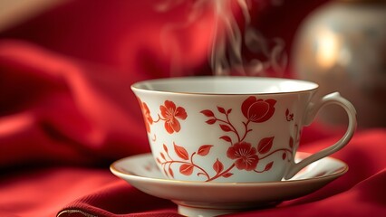 Delicate porcelain teacup with red floral motifs, steaming jasmine tea reflecting golden light against muted silk.