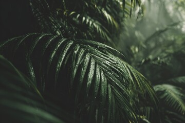 Obraz premium Close-up of lush, rain-soaked palm fronds in a dense jungle