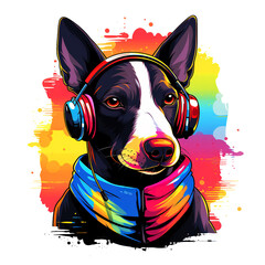 Bull terrier dog wearing headphones on clean background. Pet. Animals. Illustration, Generative AI.