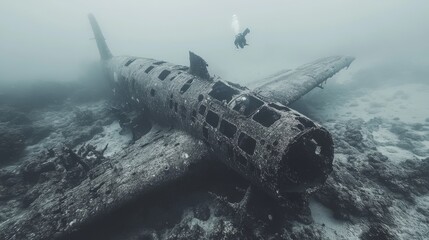 Underwater Airplane Wreck with Diver