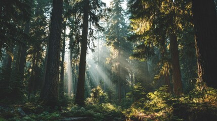 Sunlight Through Evergreen Forest