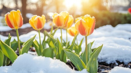 Yellow and Orange Tulips in Snow with Sunlight