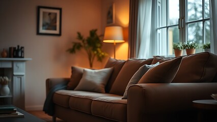 Cozy living room with a sofa bathed in warm, diffused natural light.