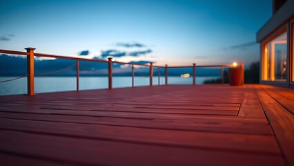 Naklejka premium Wooden deck at twilight with warm ambient lighting, offering a peaceful and atmospheric outdoor setting.