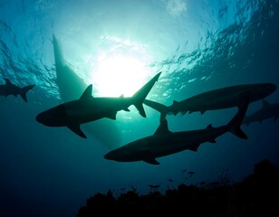 Sharks silhouetted in sunlit ocean